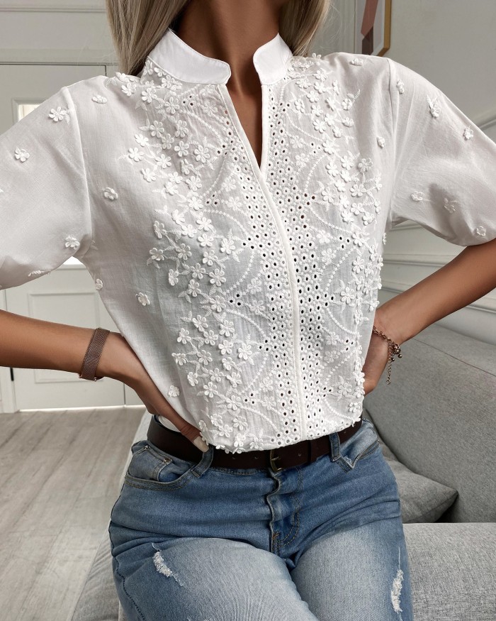 Women's Elegant V-Neck Lace Embroidered Puff Sleeve Sweet Blouses