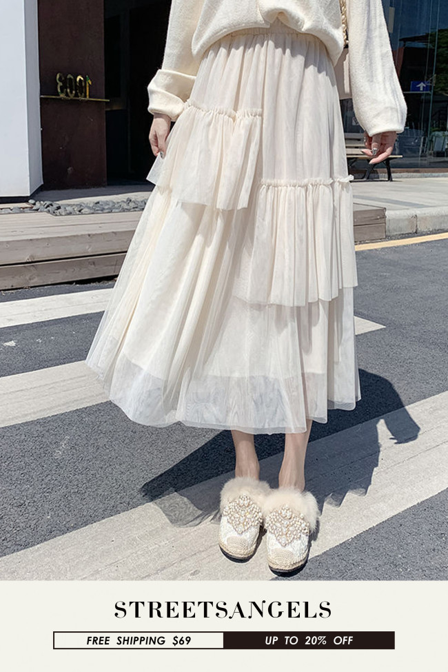 Fashion Solid Color Irregular High Waist Lace Versatile A-Line Cake Skirt