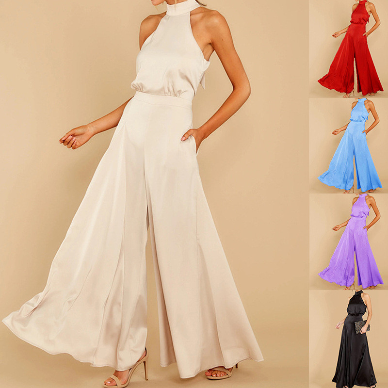 Women's Fashion Elegant Backless Bow High Waist Solid Color Wide Leg Jumpsuit