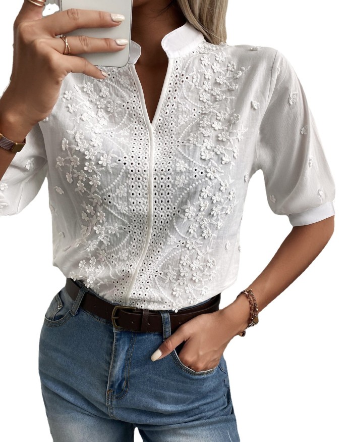 Women's Elegant V-Neck Lace Embroidered Puff Sleeve Sweet Blouses