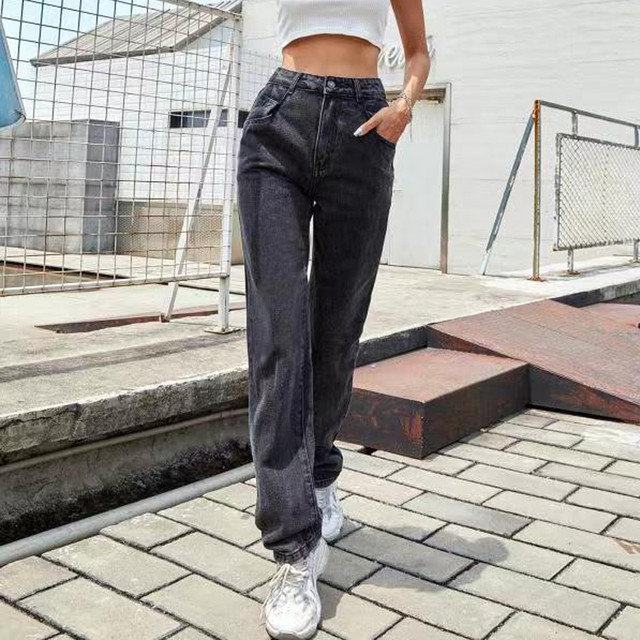 Retro Women's Straight High Waist Fashion Solid Color Loose Tooling Jeans