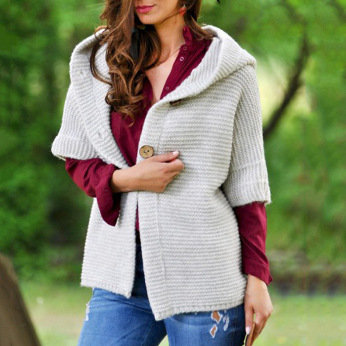 Women's Fashion Solid Color Hooded Casual Street Knit Half Sleeve Cardigans