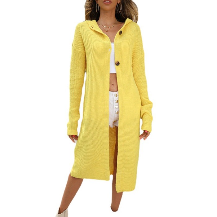 Fashion Women's Top Solid Color Long Sleeve Hooded Long Knit Cardigan