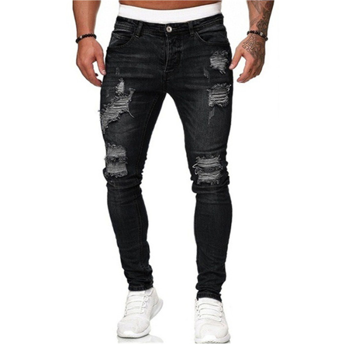Men's Shredded Slim Hole Pencil Casual Biker Streetwear Jeans