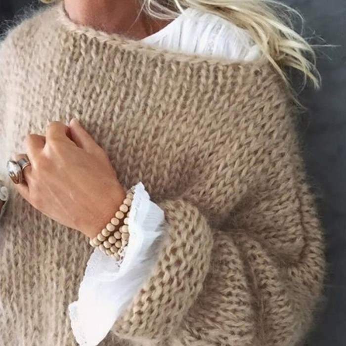 Women's Fashion Lantern Sleeve O Neck Fluffy Fleece Solid Color Loose Sweaters