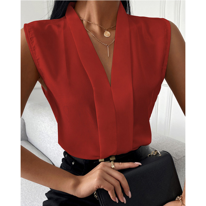 Women's Fashion Temperament V-Neck Solid Color Sleeveless Loose Blouses