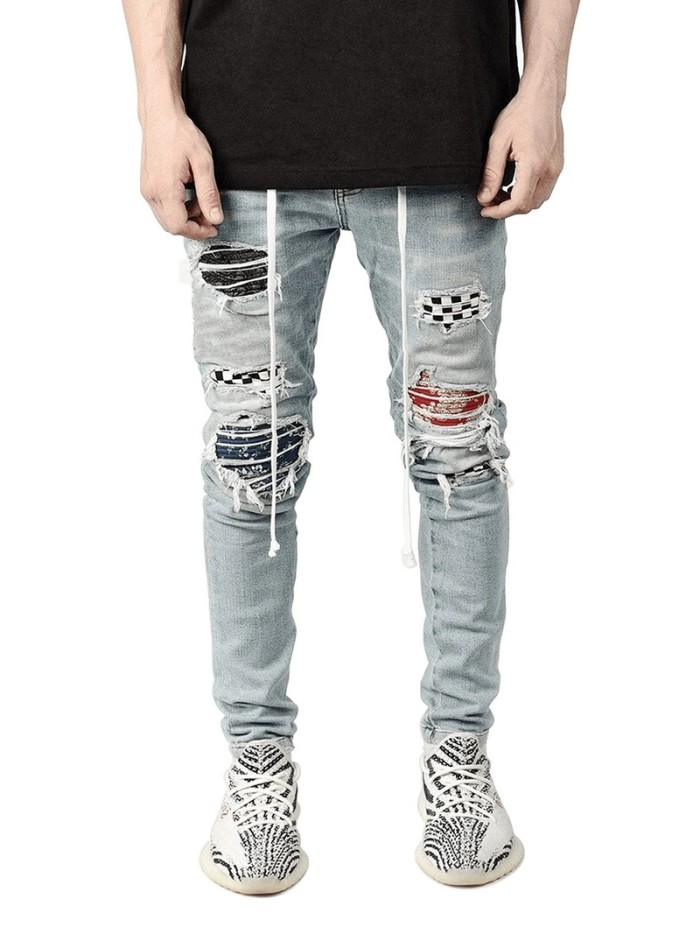 Fashion Skinny Men's Patchwork Stretch Stretch Hip Hop Jeans