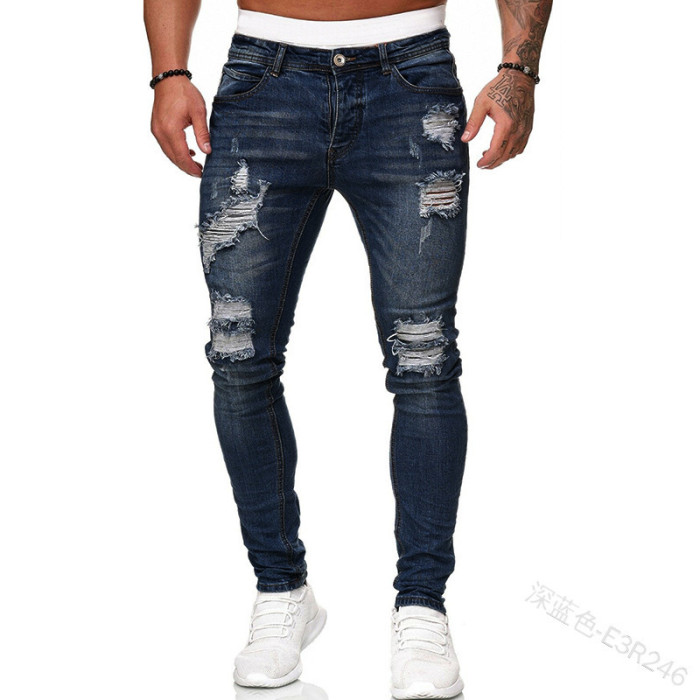 Men's Shredded Slim Hole Pencil Casual Biker Streetwear Jeans