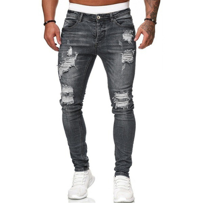 Men's Shredded Slim Hole Pencil Casual Biker Streetwear Jeans