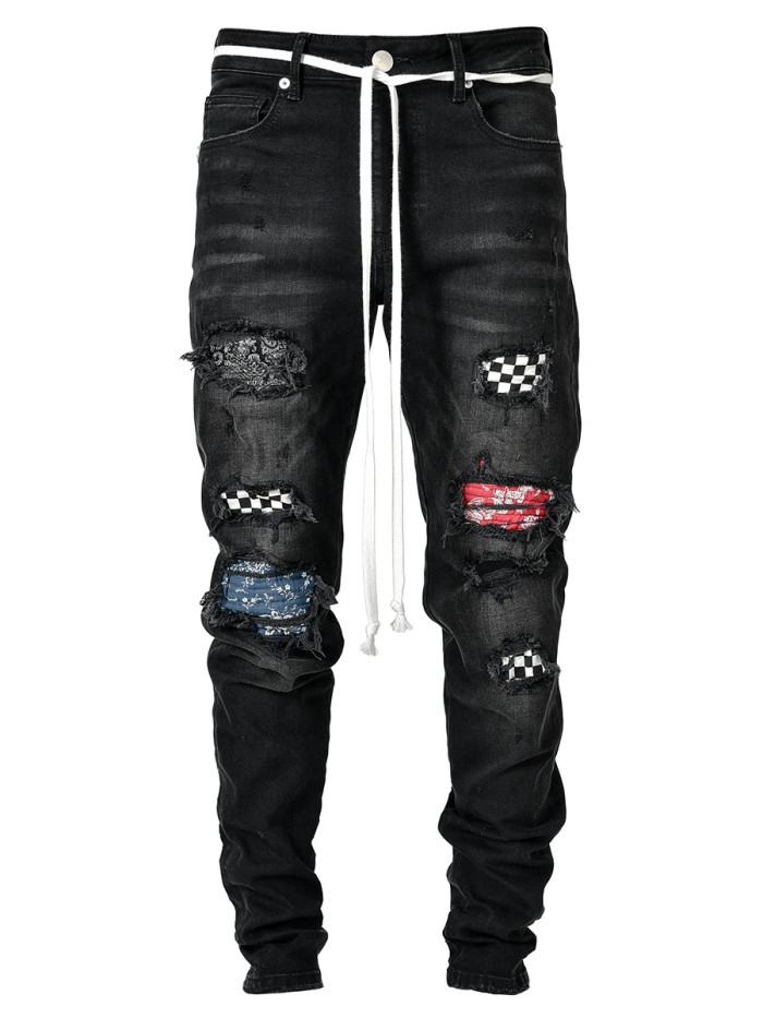 Fashion Skinny Men's Patchwork Stretch Stretch Hip Hop Jeans