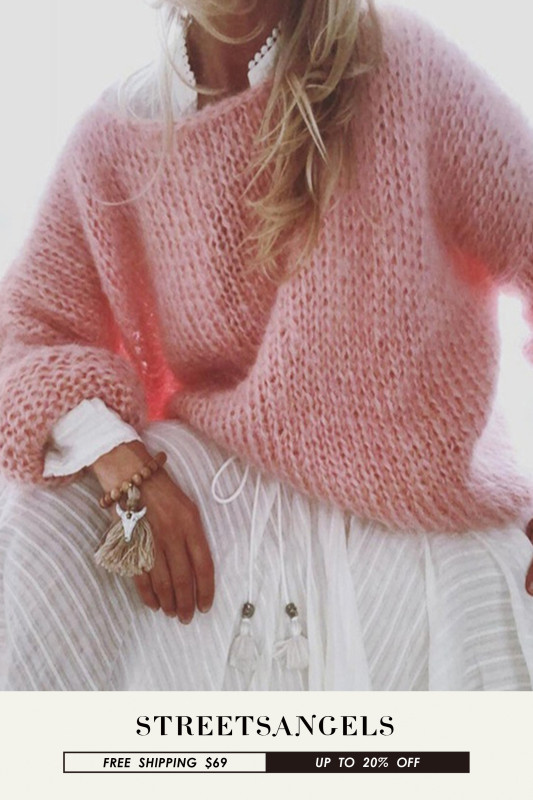 Women's Fashion Lantern Sleeve O Neck Fluffy Fleece Solid Color Loose Sweaters