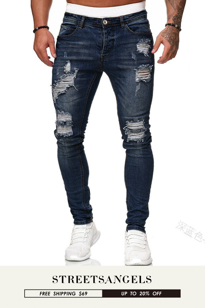 Men's Shredded Slim Hole Pencil Casual Biker Streetwear Jeans