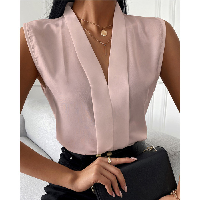 Women's Fashion Temperament V-Neck Solid Color Sleeveless Loose Blouses