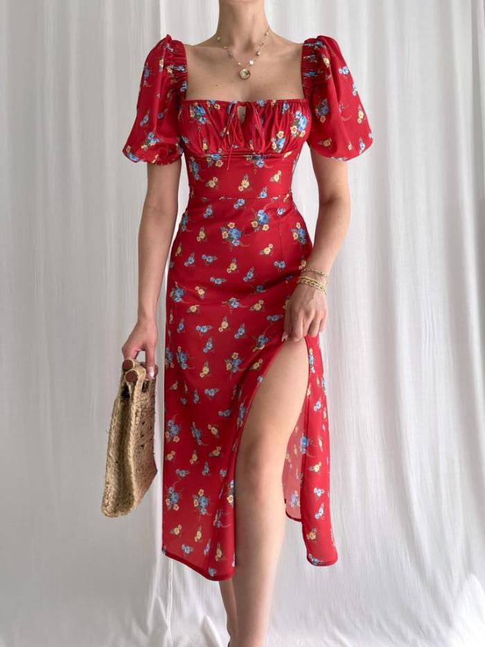 Sexy Side Slit Print Square Neck Puff Sleeve A-Line Fashion Midi Dress