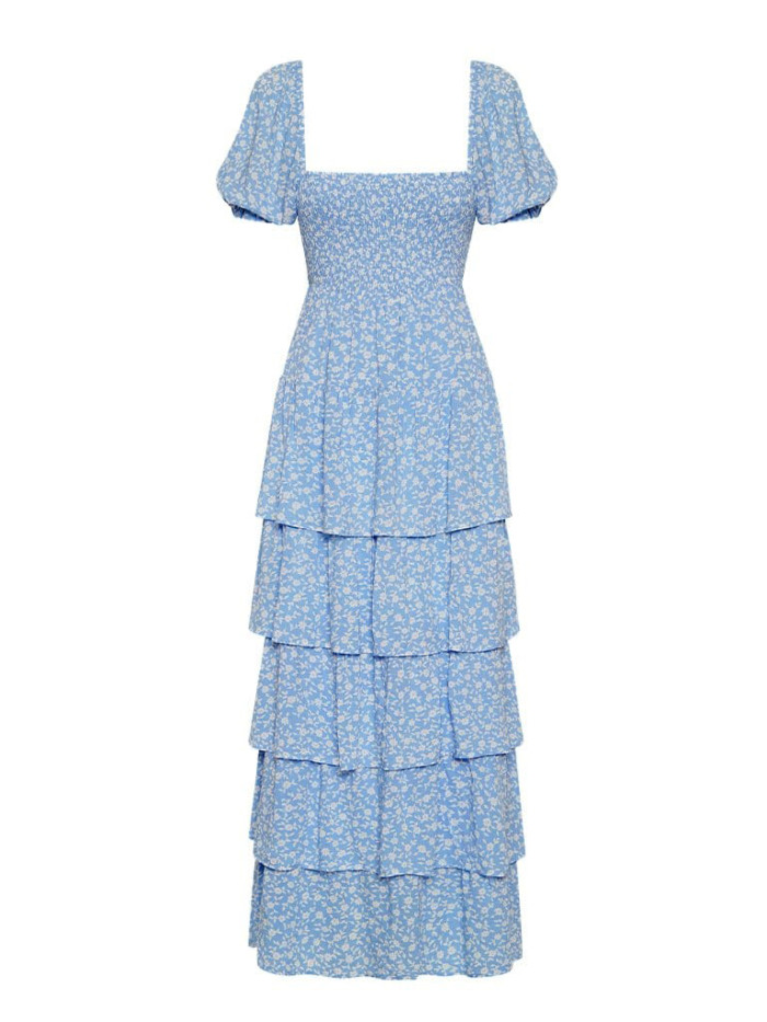 Stylish Elegant Bohemian Lace-Up Print Cake Maxi Dress