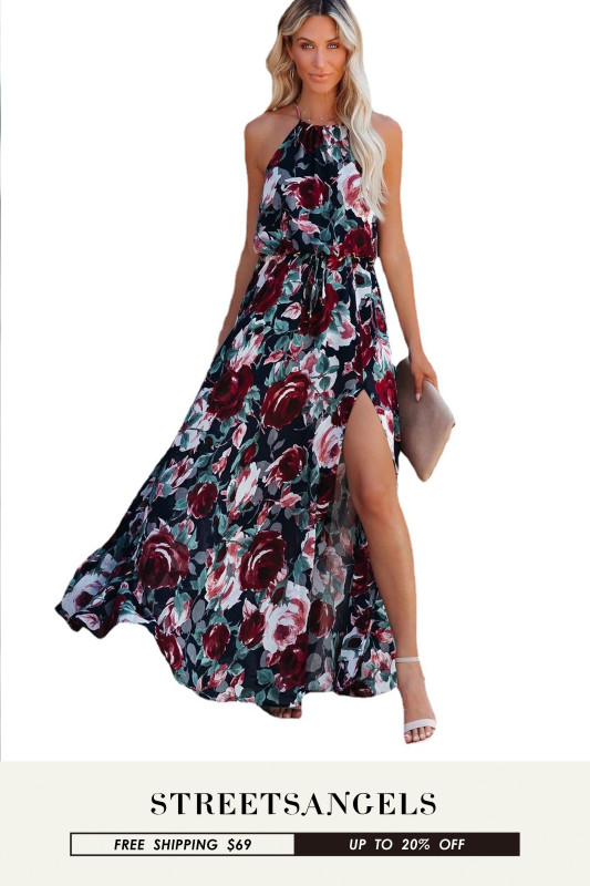 Fashion Women Print Sling Slit Boho Sexy  Maxi Dress
