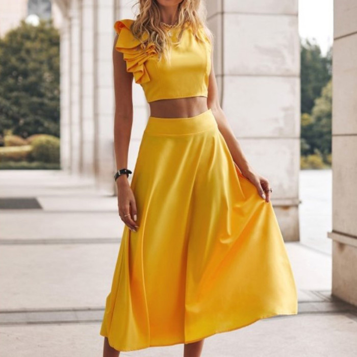 Fashion Solid Color Sleeveless Backless Casual Temperament  Two Pieces