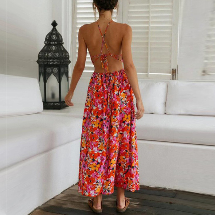Women's Fashion Boho Print Sleeveless Cutout Sling Casual  Maxi Dress