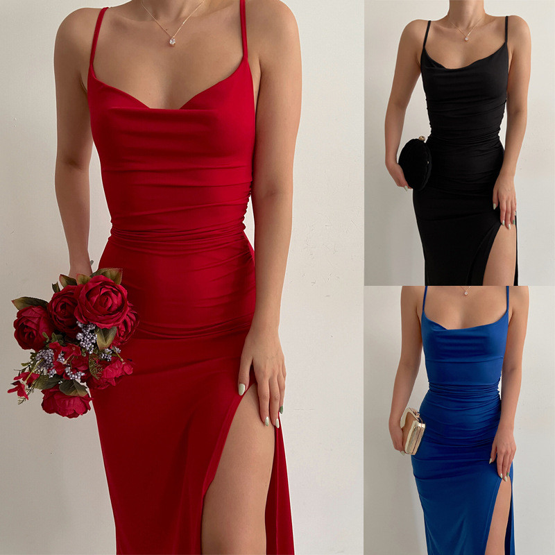 Sexy Solid Color High Slit Elegant Fashion Party  Midi Dress