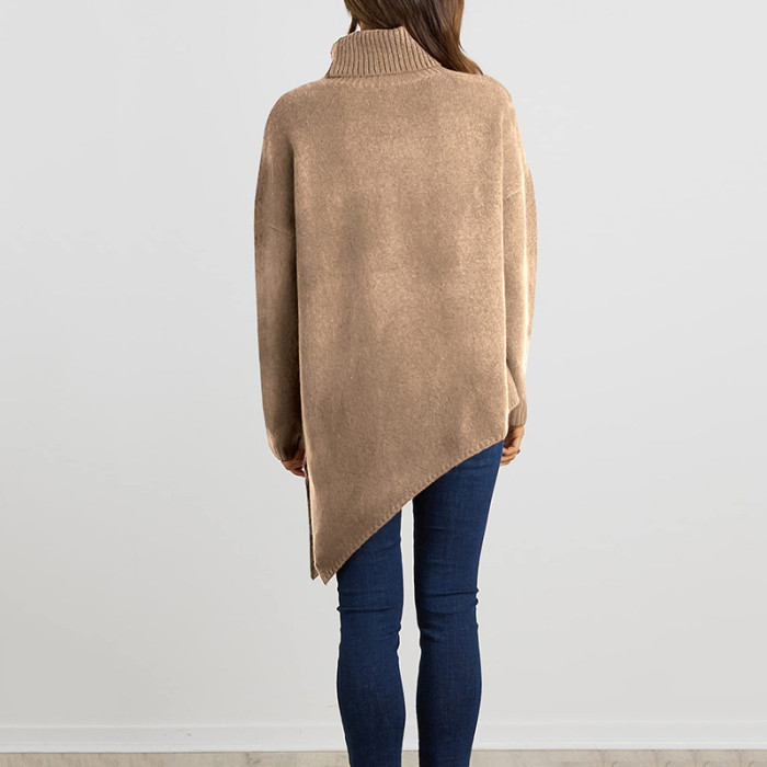 Women's Fashion Irregular Turtleneck Solid Color Drop Shoulder Sweater