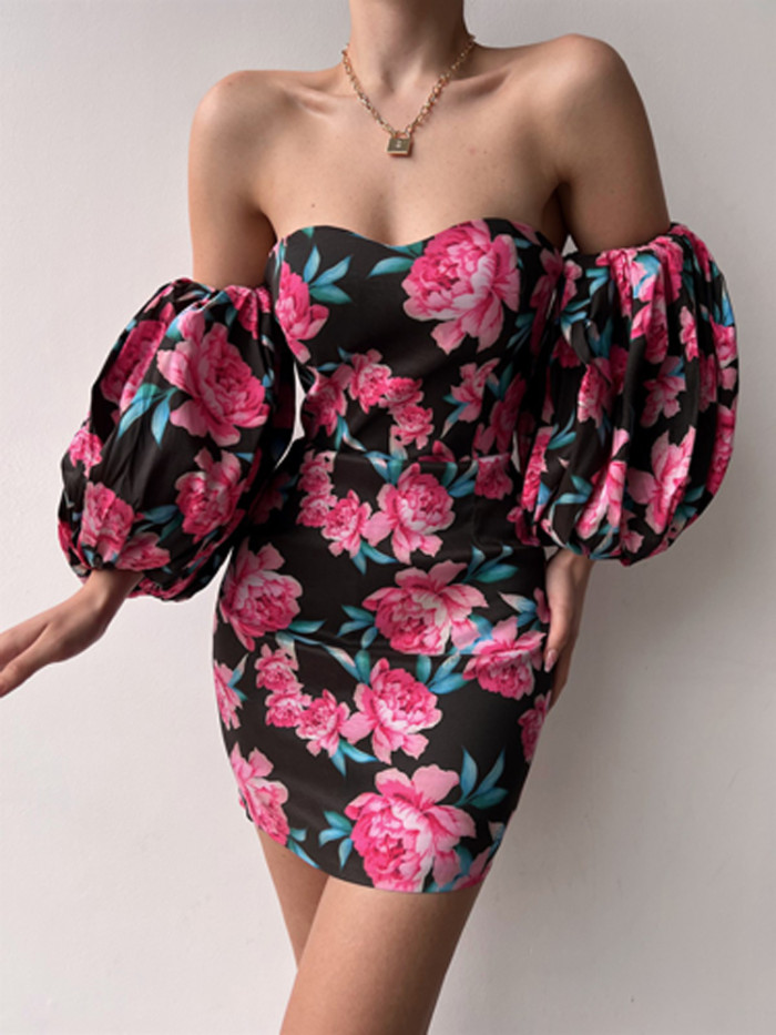 Sleek Floral Print Skinny Off Shoulder Draped Party Mini Dress