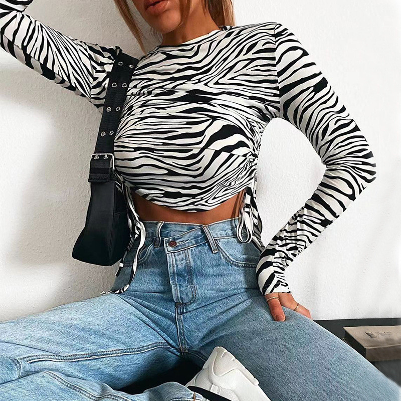 Women's Fashion Round Neck Striped Sexy Long Sleeve  Blouses