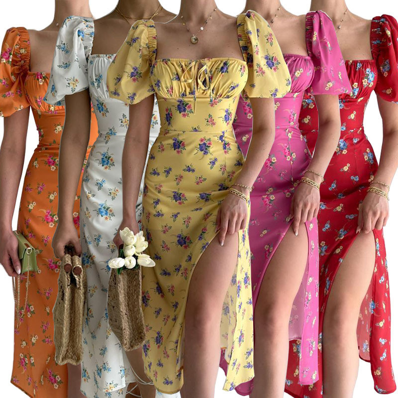 Sexy Side Slit Print Square Neck Puff Sleeve A-Line Fashion Midi Dress