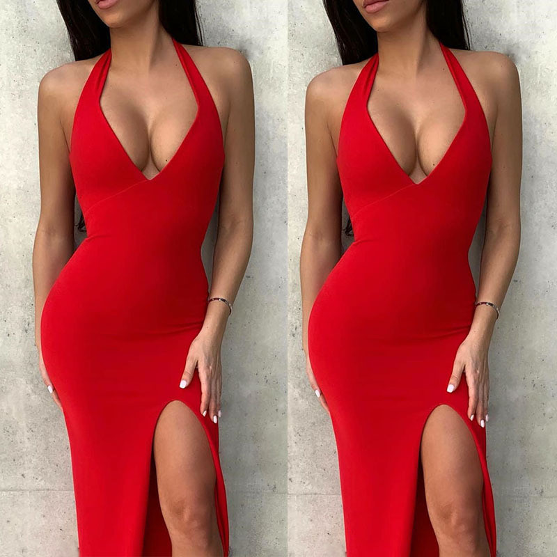 Fashionable Sexy Temperament Halter Neck Solid Color  Maxi Dress