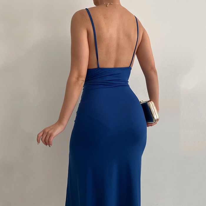 Sexy Solid Color High Slit Elegant Fashion Party  Midi Dress