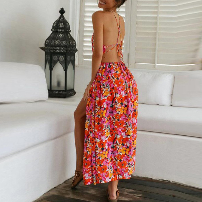 Women's Fashion Boho Print Sleeveless Cutout Sling Casual  Maxi Dress