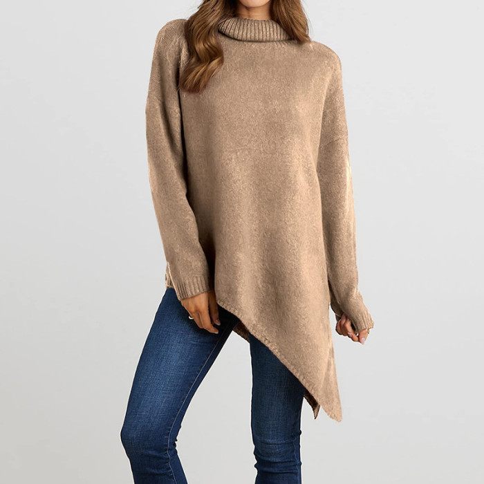 Women's Fashion Irregular Turtleneck Solid Color Drop Shoulder Sweater