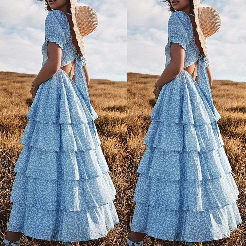 Stylish Elegant Bohemian Lace-Up Print Cake Maxi Dress