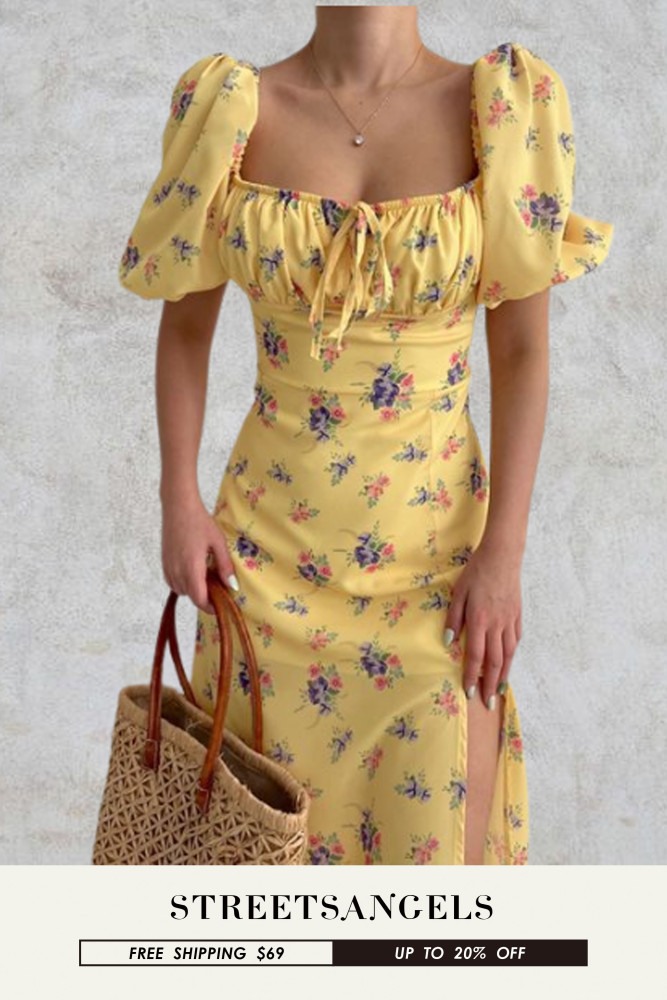 Sexy Side Slit Print Square Neck Puff Sleeve A-Line Fashion Midi Dress