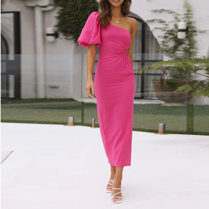 Women's Fashion Sexy Oblique Shoulder Solid Color Tight Wrap Hip Maxi Dress