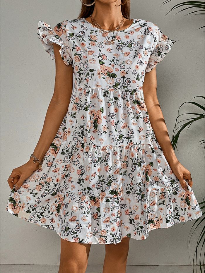 Floral Fashion Simple A-Line Casual Loose Ruffle  Mini Dress