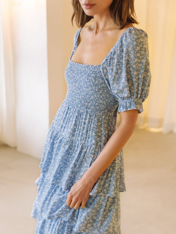 Stylish Elegant Bohemian Lace-Up Print Cake Maxi Dress