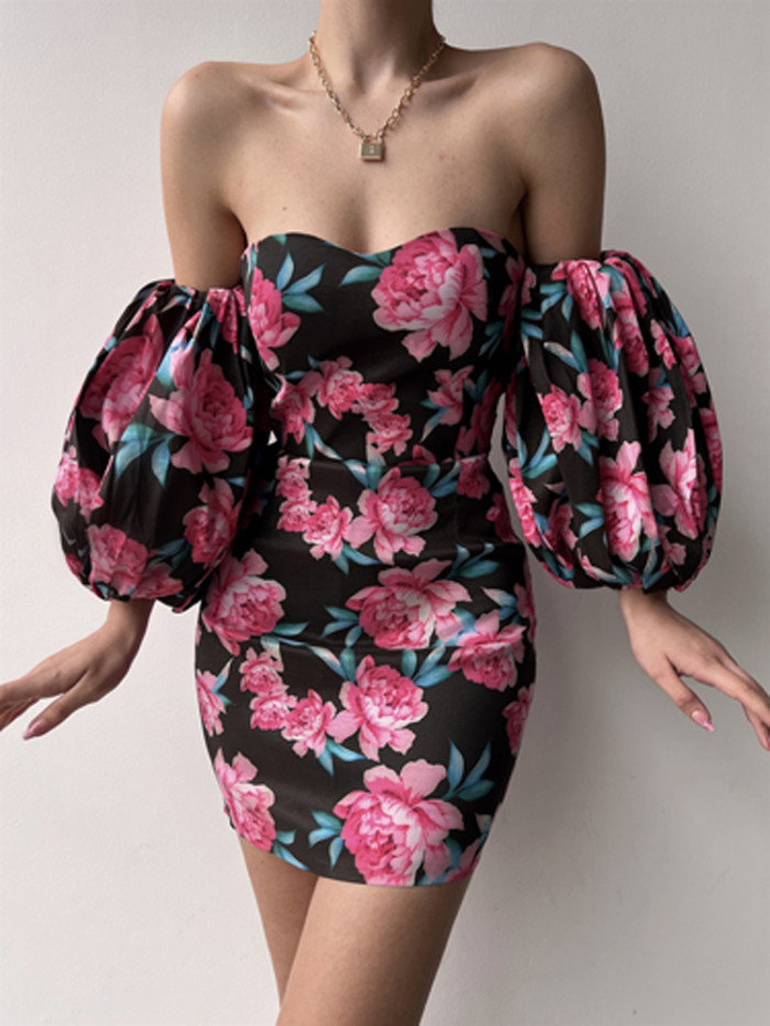 Sleek Floral Print Skinny Off Shoulder Draped Party Mini Dress