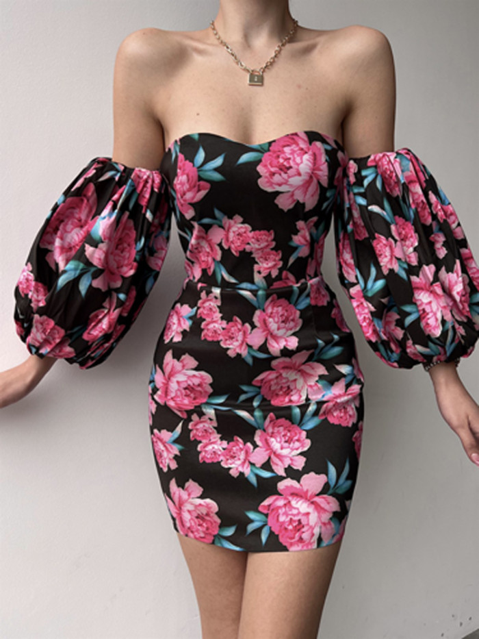 Sleek Floral Print Skinny Off Shoulder Draped Party Mini Dress