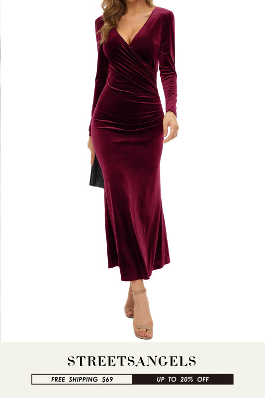 Fashion Long Sleeve Sexy Velvet V Neck Solid Color Tunic Formal Maxi Dress