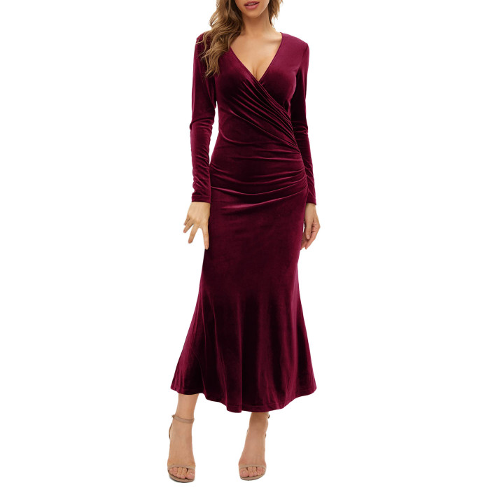 Fashion Long Sleeve Sexy Velvet V Neck Solid Color Tunic Formal Maxi Dress