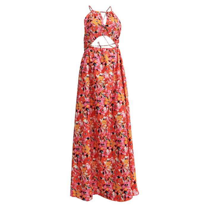 Women's Fashion Boho Print Sleeveless Cutout Sling Casual  Maxi Dress