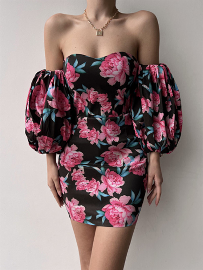 Sleek Floral Print Skinny Off Shoulder Draped Party Mini Dress