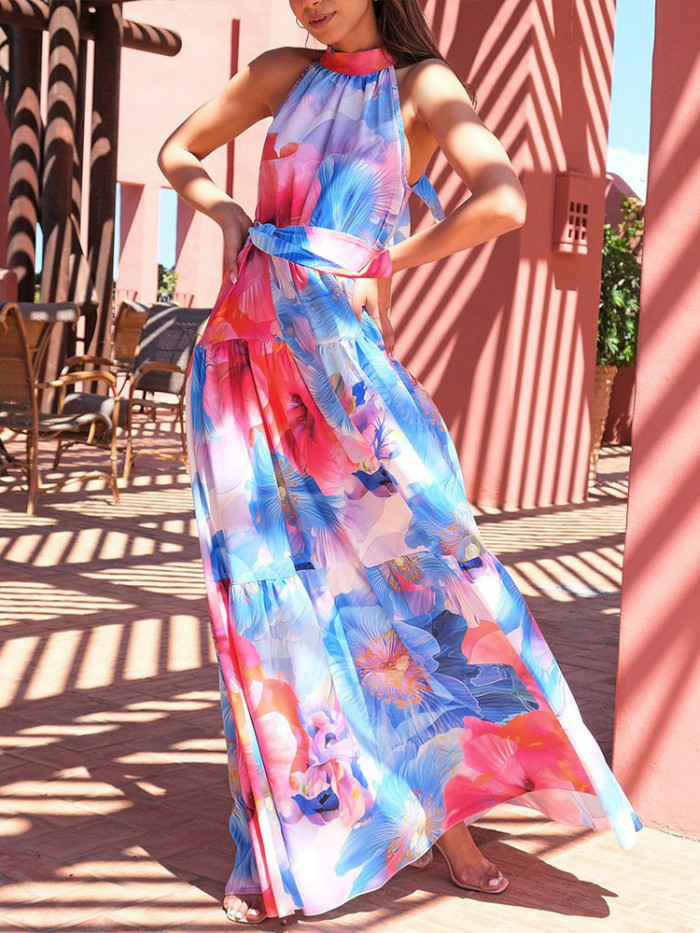 Trendy Tie Floral Boho Elegant Pleated Party Halter Loose Maxi Dress