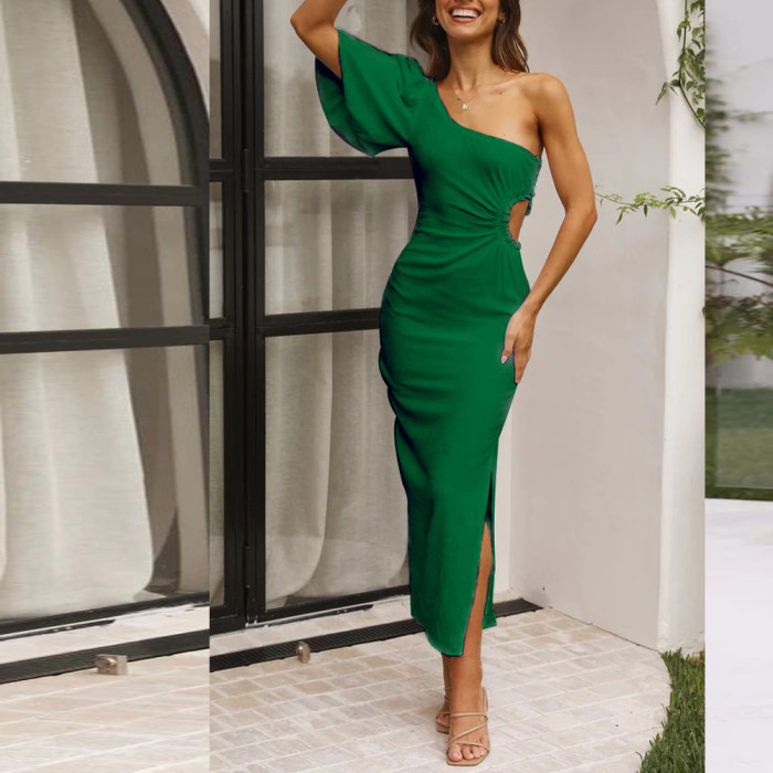Women's Fashion Sexy Oblique Shoulder Solid Color Tight Wrap Hip Maxi Dress