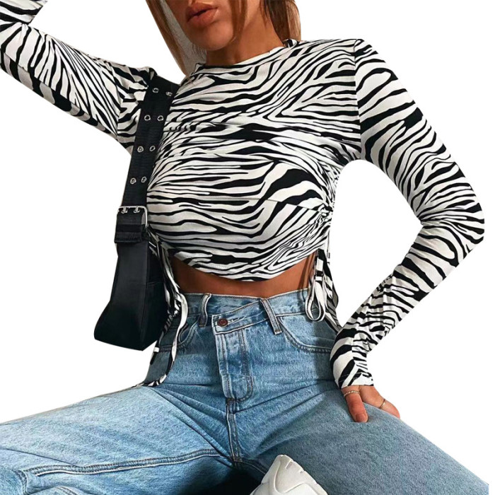 Women's Fashion Round Neck Striped Sexy Long Sleeve  Blouses