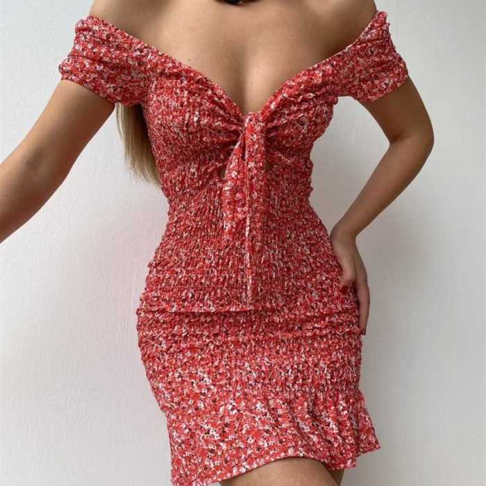 Fashionable French Temperament Sexy V-Neck Pleated Floral  Mini Dress