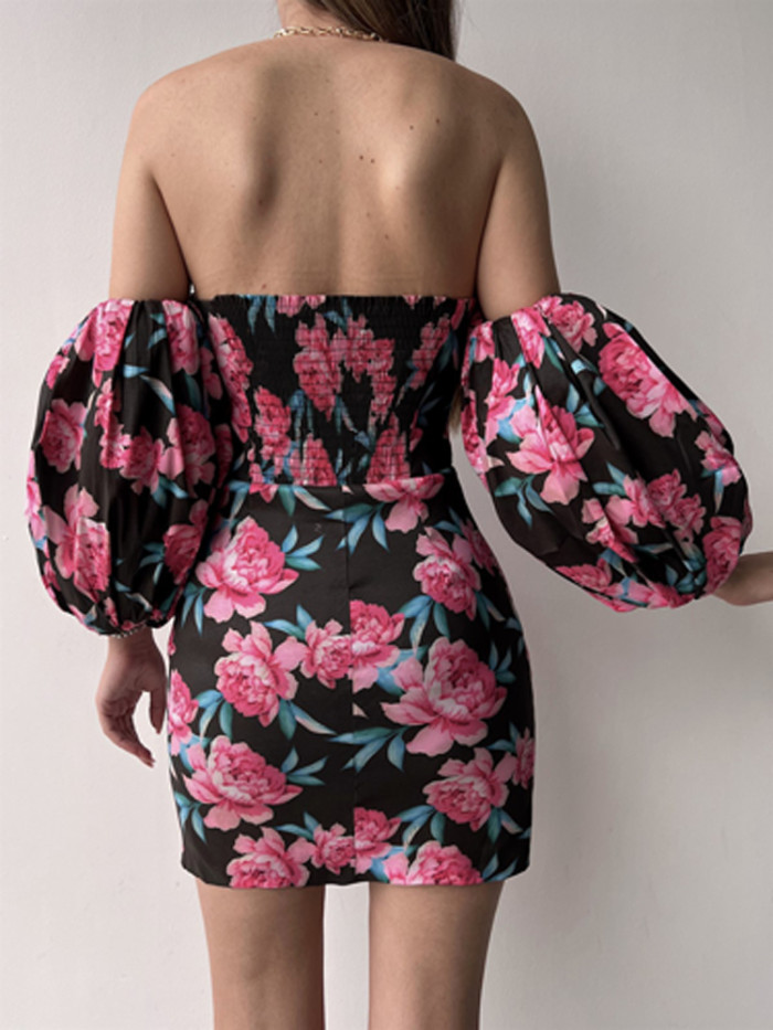 Sleek Floral Print Skinny Off Shoulder Draped Party Mini Dress