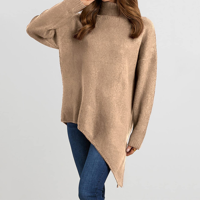 Women's Fashion Irregular Turtleneck Solid Color Drop Shoulder Sweater