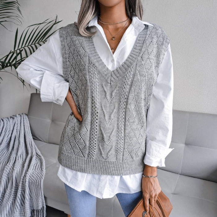Women's Fashion Sleeveless Loose Casual V Neck Cutout Sweater Vests
