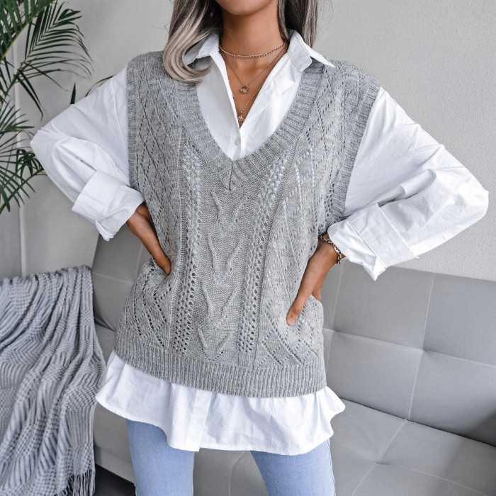 Women's Fashion Sleeveless Loose Casual V Neck Cutout Sweater Vests